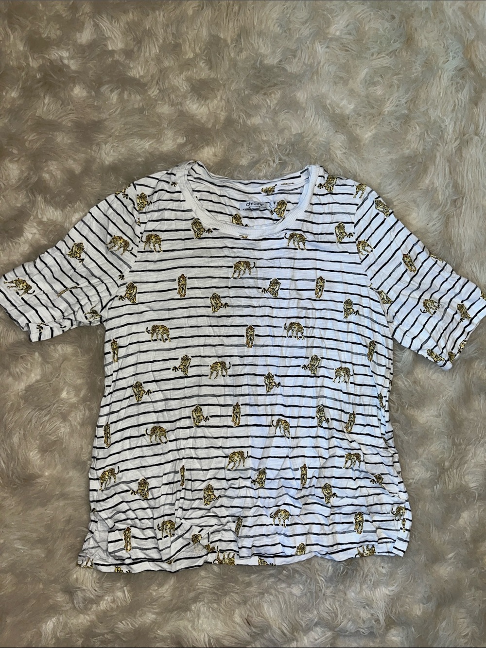 Chico's White and Black Striped Short Sleeve Tee with Gold Tiger Print